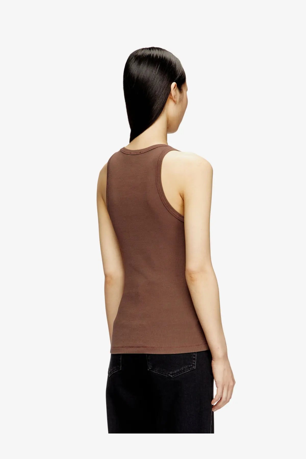 Diesel women’s slim fit ribbed tank top in brown with a sleek design, simple round neckline, and straight hem