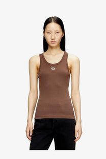 Diesel women’s slim fit brown ribbed tank top with a small white logo on the chest made from soft fabric