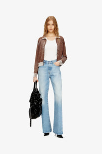 A glossy black leather tote bag with a structured slouched silhouette and a single top handle for everyday use