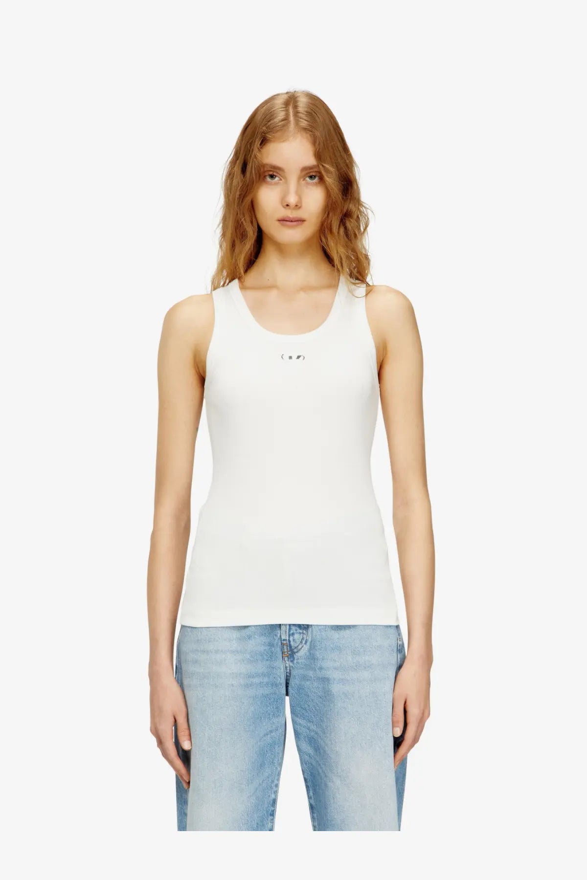 Diesel women’s slim fit ribbed tank top white sleeveless with a small black logo on the chest
