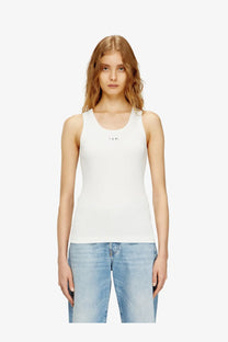 Diesel women’s slim fit ribbed tank top white sleeveless with a small black logo on the chest