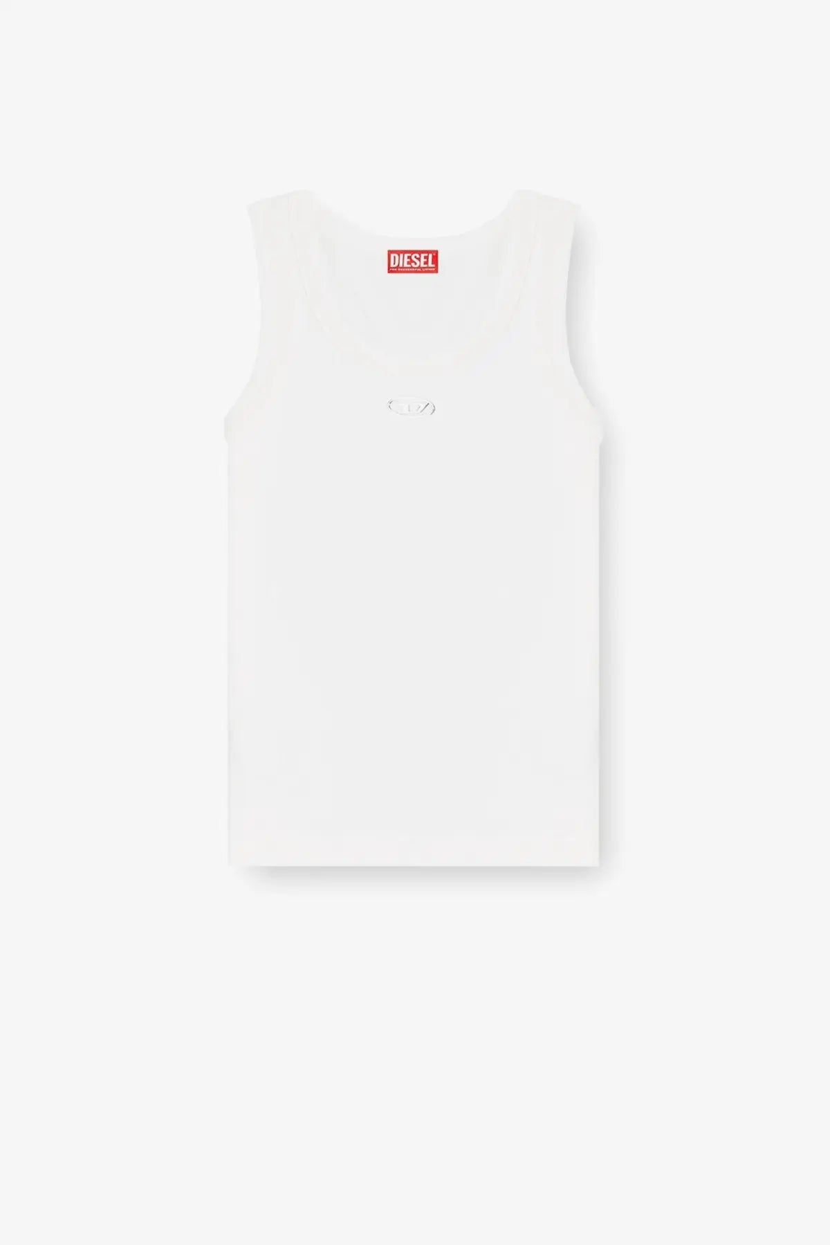 Diesel women’s slim fit ribbed white tank top with sleeveless design red logo tag and subtle chest embroidery