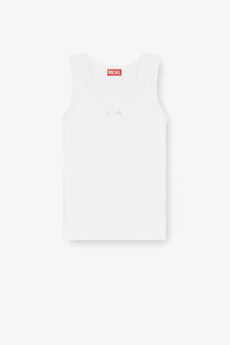 Diesel women’s slim fit ribbed white tank top with sleeveless design red logo tag and subtle chest embroidery
