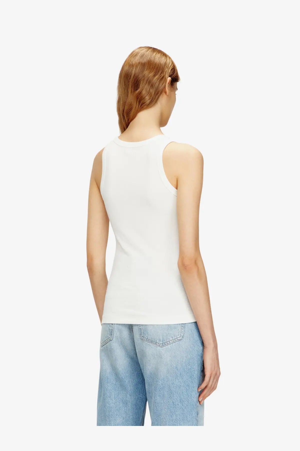 Diesel women’s slim fit ribbed tank top in white featuring a sleeveless simple fitted design