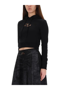 Diesel womens slimmy sweatshirt black cropped hoodie with subtle embroidered logo and matching drawstrings on chest