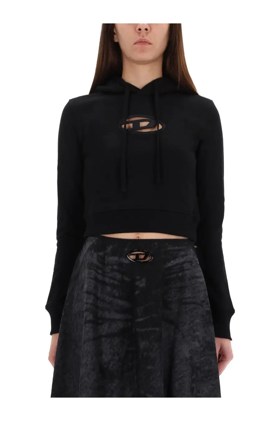Diesel women’s Slimmy black cropped hoodie with subtle embroidered logo and matching drawstrings in soft fabric