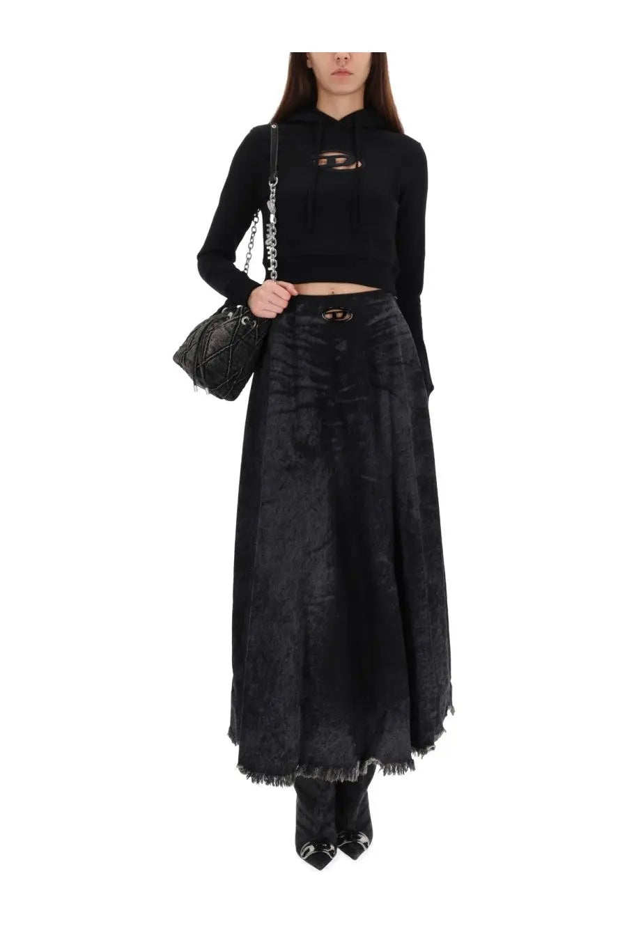 Black velvet maxi skirt with frayed hem and front zipper detail paired with diesel women’s slimmy sweatshirt black
