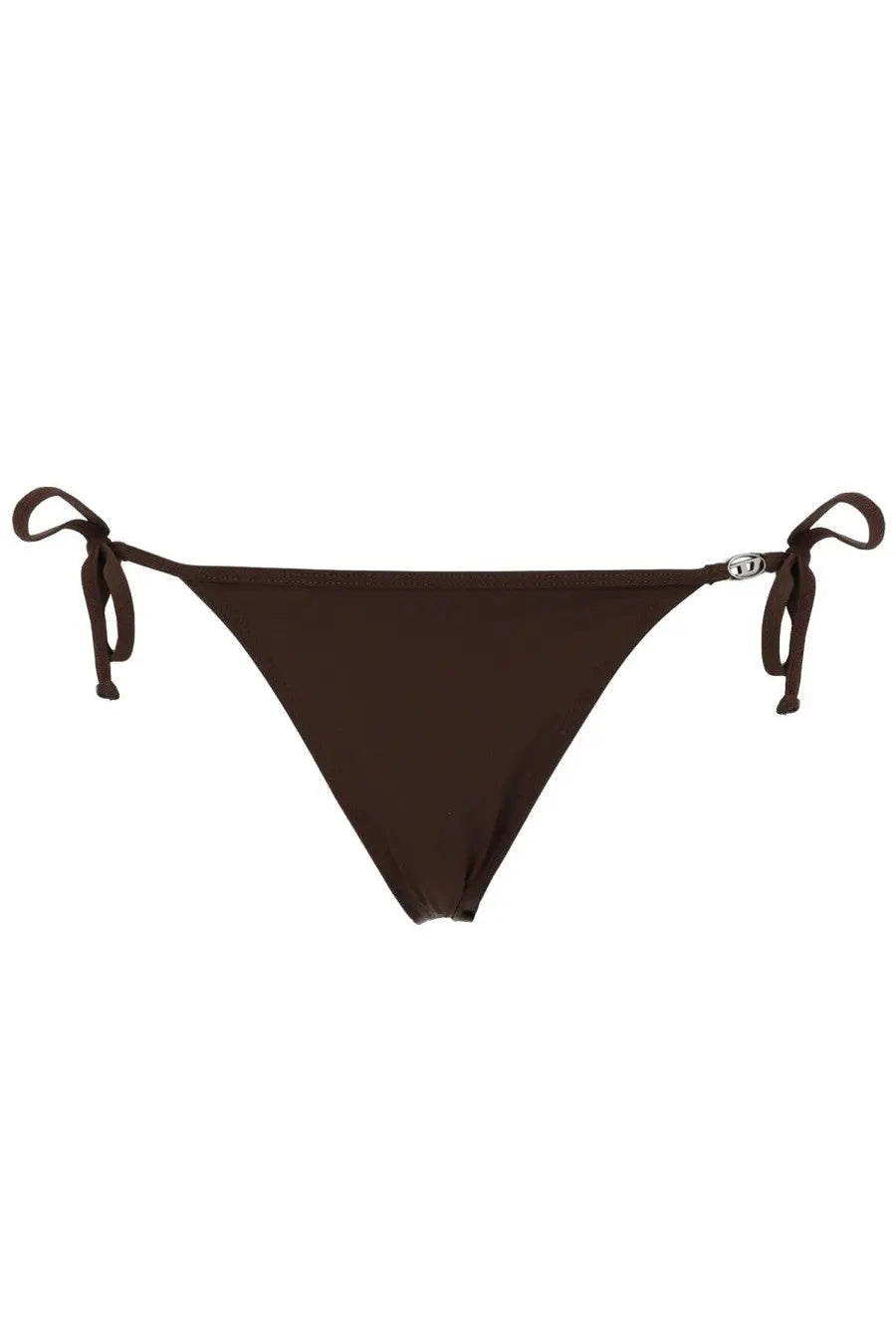 Dark brown diesel women’s slip bikini bottom with adjustable side ties and a small metallic logo plaque