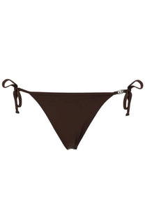 Dark brown diesel women’s slip bikini bottom with adjustable side ties and a small metallic logo plaque