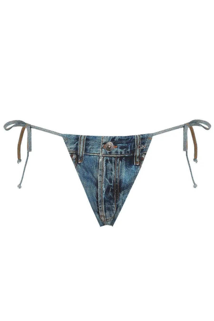 Diesel women’s slip bikini tatiana blue denim-patterned thong bikini bottom with button closure and tie-side straps