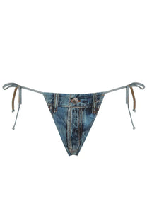 Diesel women’s slip bikini tatiana blue denim-patterned thong bikini bottom with button closure and tie-side straps