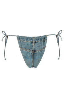 Back view of diesel women’s slip bikini tatiana blue denim bottom with tie-side straps and back seam design