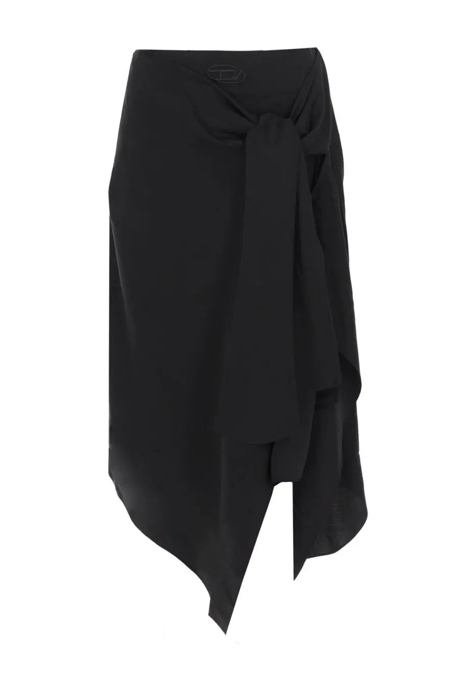 Diesel women’s tali midi skirt black with asymmetrical wrap design tied waistband and flowing fabric front view
