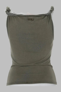 Diesel women’s olive green sleeveless tank top with gathered neckline and subtle brand logo at center