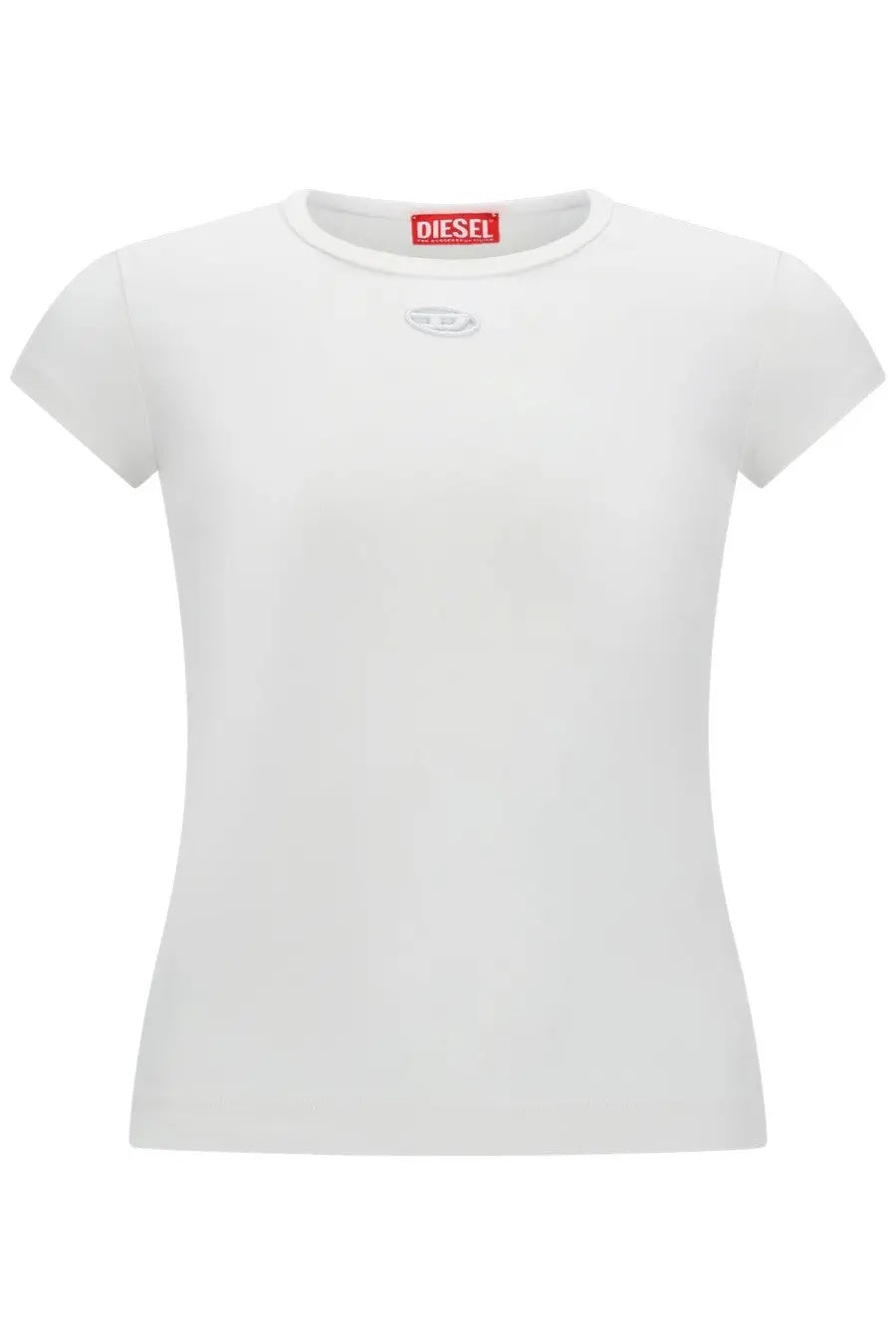 White Diesel women’s short-sleeved t-shirt with subtle chest embroidery and red brand tag at neckline