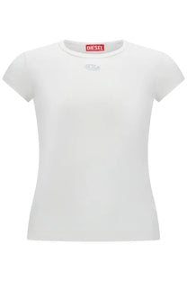 White Diesel women’s short-sleeved t-shirt with subtle chest embroidery and red brand tag at neckline