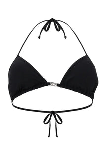Black diesel women’s halter bikini top in nylon with silver logo clasp and adjustable tie closure for swimwear use