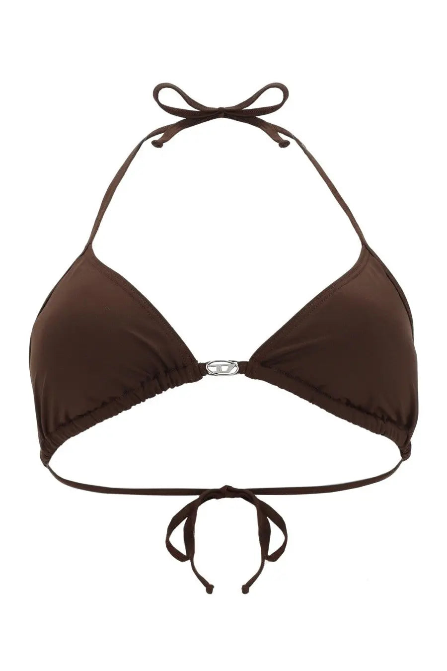 Diesel womens brown nylon halter bikini top with silver logo clasp and adjustable ties for secure fit
