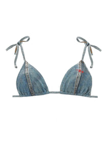 Denim triangle bikini top in blue with tied shoulder straps and small red logo on right cup by Diesel women