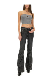 Diesel women’s top Clarksville grey black denim flare pants with large cargo pockets and distressed faded finish