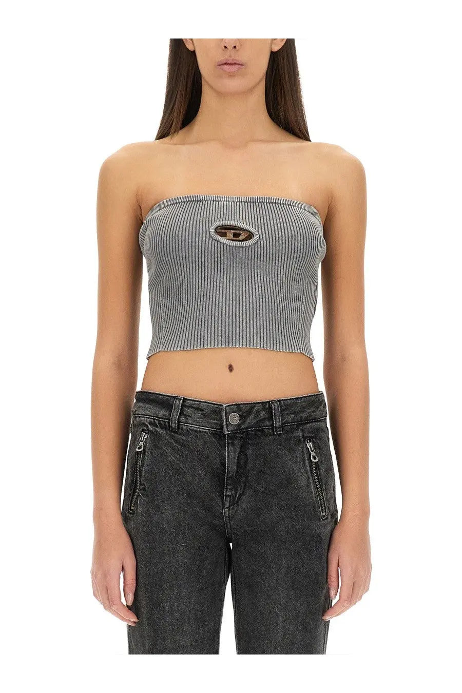 Diesel women’s gray ribbed strapless crop top with black and white embroidered logo patch at center front