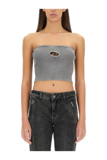 Diesel women’s gray ribbed strapless crop top with black and white embroidered logo patch at center front