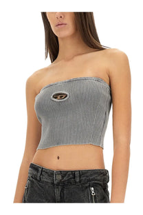 Diesel women’s gray and white striped ribbed strapless crop top with circular embroidered logo on the chest