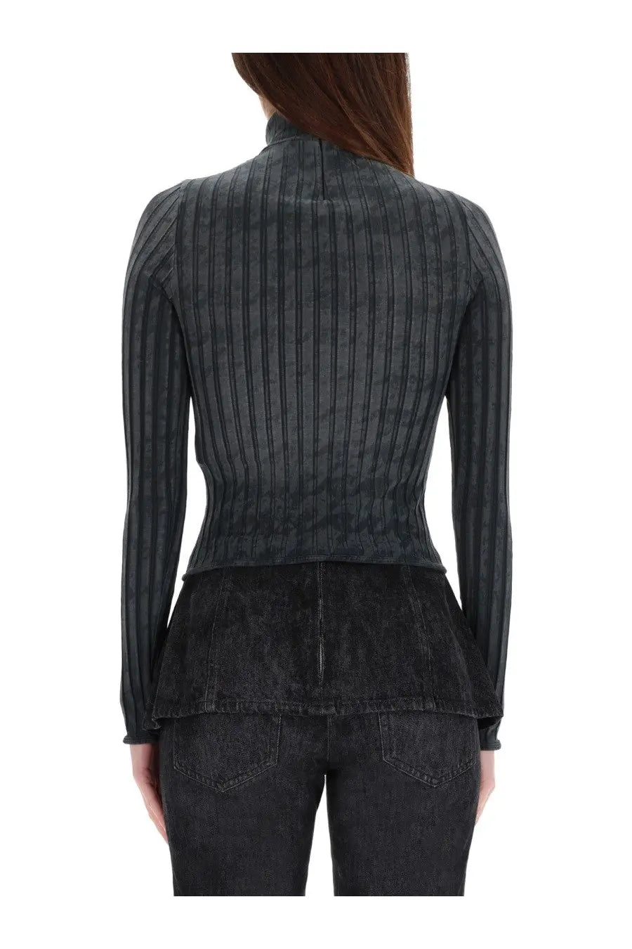 Diesel women’s dark gray ribbed knit top with high collar and peplum hem made of soft knit fabric
