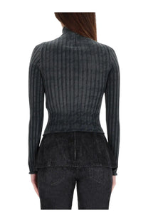 Diesel women’s dark gray ribbed knit top with high collar and peplum hem made of soft knit fabric