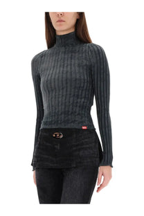 Diesel women’s grey dark gray ribbed turtleneck top with subtle textured pattern and red brand tag at hem