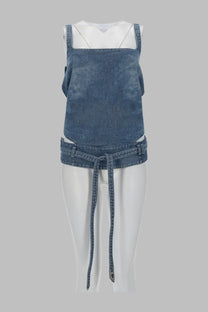 Diesel women’s denim blue sleeveless top with square neckline and waist belt tied in front made of blue denim