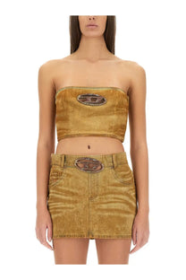 Golden velvet strapless top with metallic logo emblem from diesel womens top de villess fsf beige collection