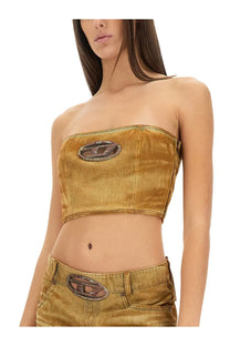 Golden velvet strapless top with metallic logo patch on front by diesel womens top de villess fsf beige