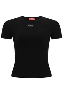 Diesel women’s black t-shirt with subtle white embroidered logo on chest and red brand tag at neckline