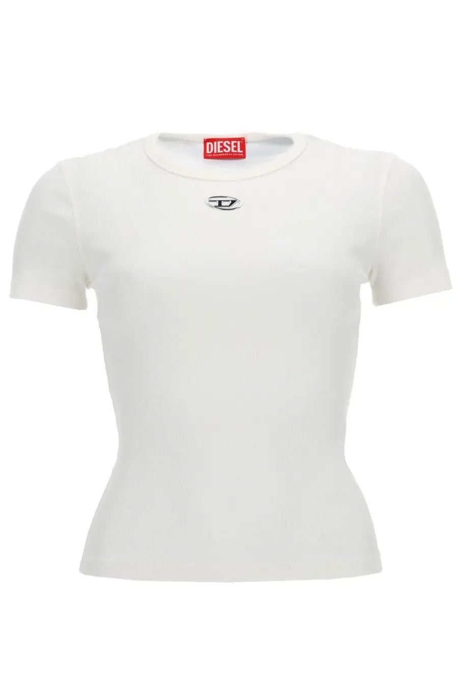Diesel women’s short-sleeved white t-shirt with subtle black logo on chest and red brand tag at neckline