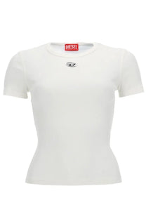 Diesel women’s short-sleeved white t-shirt with subtle black logo on chest and red brand tag at neckline