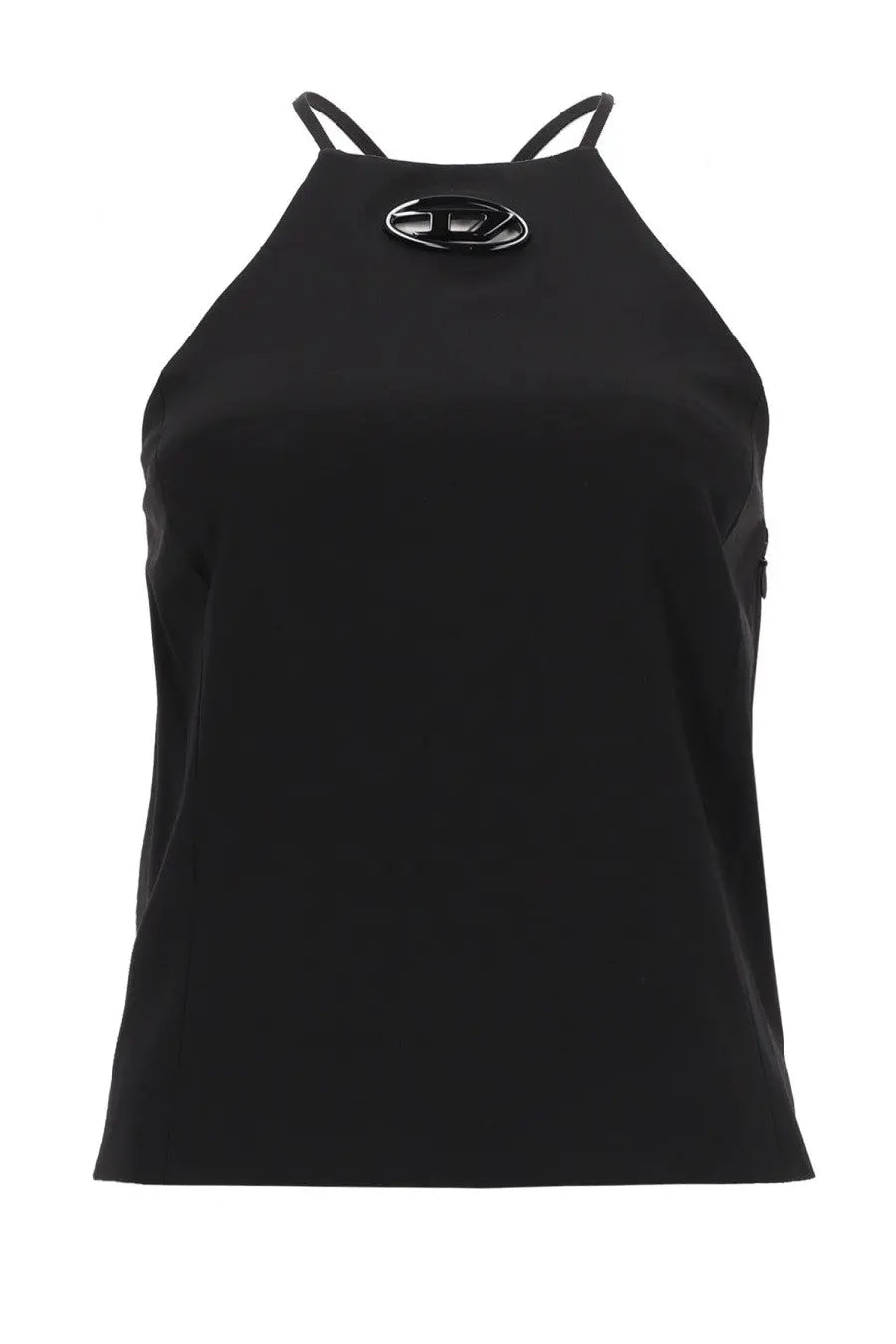 Diesel women’s black halter neck top with thin straps and a glossy black logo emblem at the neckline