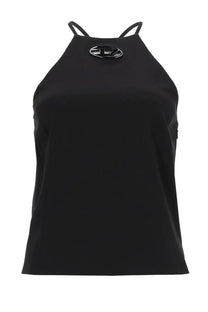 Diesel women’s black halter neck top with thin straps and a glossy black logo emblem at the neckline