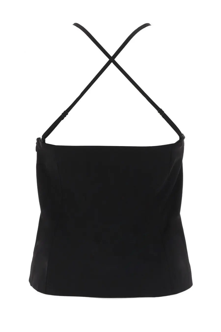 Diesel women’s black satin halter top with crossed shoulder straps showing the back side of the design