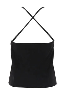 Diesel women’s black satin halter top with crossed shoulder straps showing the back side of the design
