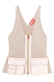 Diesel women’s top Gaby beige ribbed knit sleeveless with central zipper and two front pockets with red tag