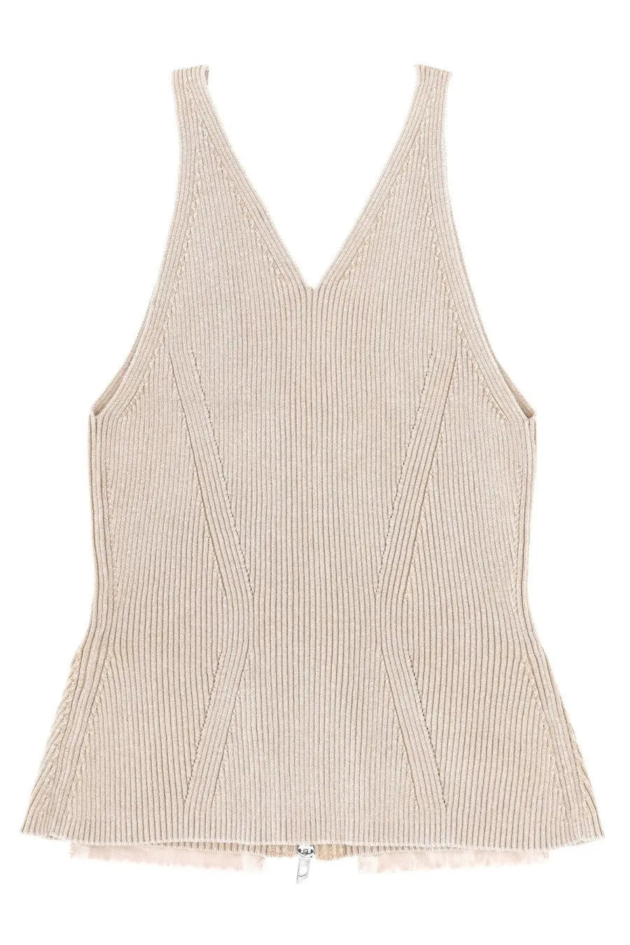 Diesel women’s top Gaby beige ribbed knit sleeveless top with v-neckline and subtle diagonal cable-knit pattern