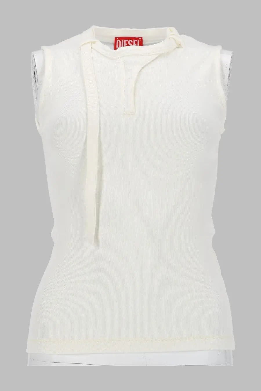 Cream-colored ribbed knit sleeveless top with tied neck detail and red Diesel brand tag in jersey white