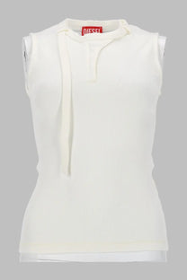 Cream-colored ribbed knit sleeveless top with tied neck detail and red Diesel brand tag in jersey white