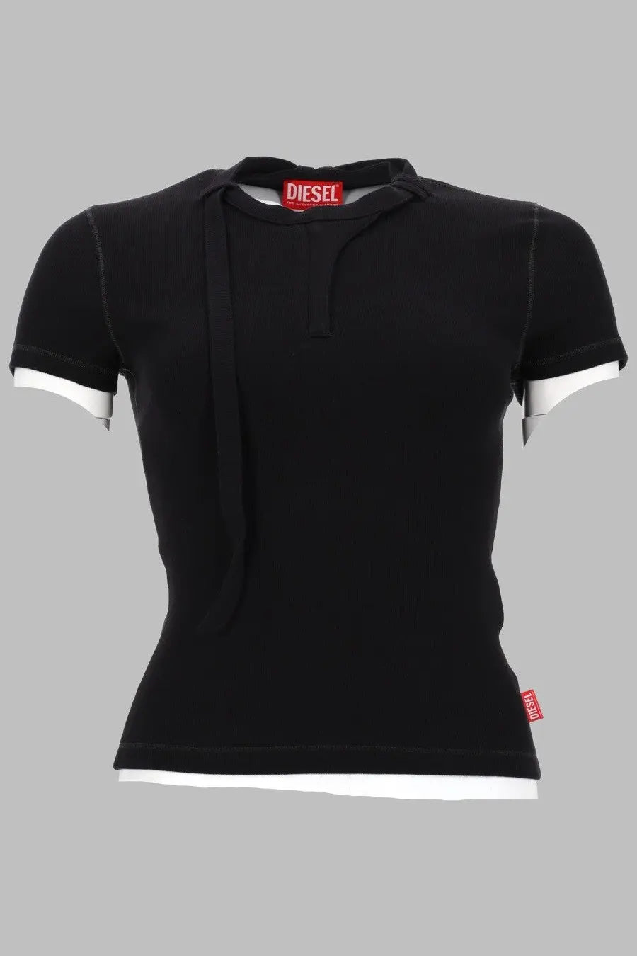 Diesel women’s black diesel jersey top with white trim and tie front detail short sleeved casual shirt