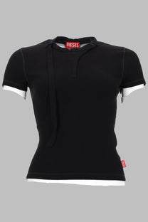 Diesel women’s black diesel jersey top with white trim and tie front detail short sleeved casual shirt