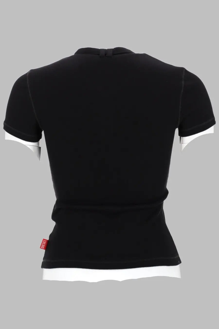 Diesel women’s black jersey top with white trim on sleeves and hem featuring a small red brand tag at bottom left