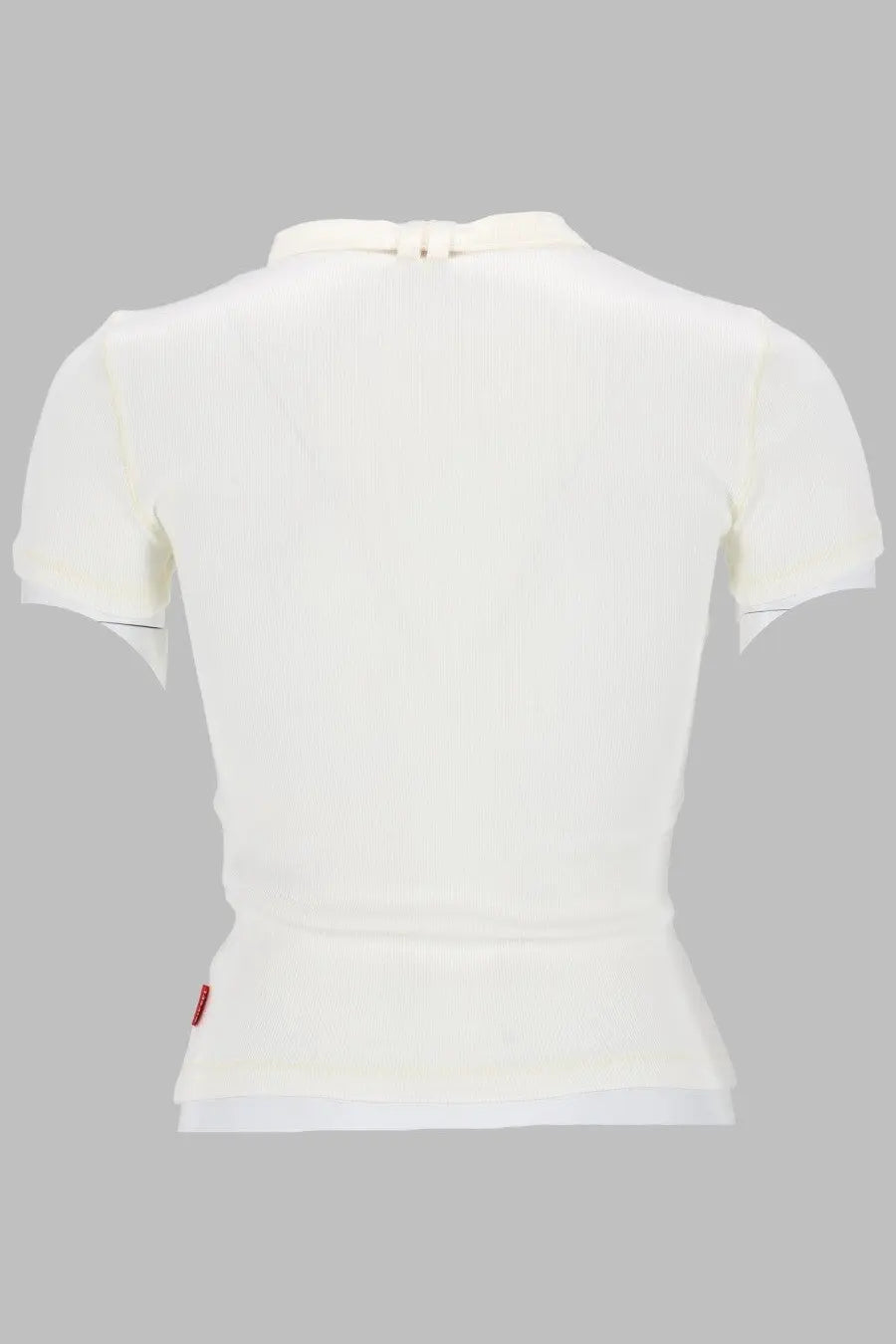 Back view of diesel womens white fitted short-sleeved jersey top with subtle ruching and red brand tag