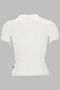 Back view of diesel womens white fitted short-sleeved jersey top with subtle ruching and red brand tag