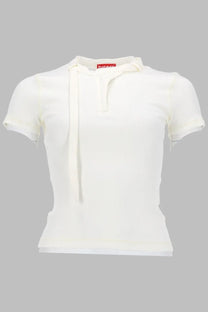 Diesel women’s white short-sleeved polo shirt in ribbed jersey with tie-front detail and brand label at collar